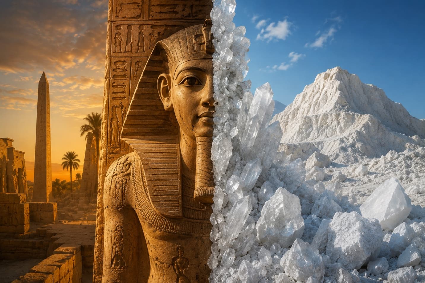 Egyptian mineral heritage — ancient statue and white mineral mountain